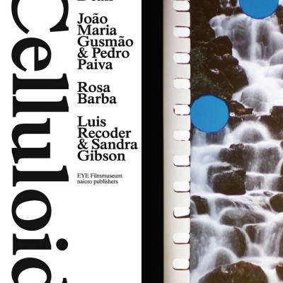 Capa de livro Celluloid com lista de autores e imagem de cascata em filme com círculos azuis.