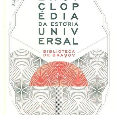 Capa do livro Enciclopédia da Estória Universal com desenho de cogumelo vermelho e padrões geométricos cinzentos.