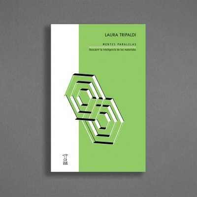 Livro com capa verde e branca com ilustração geométrica