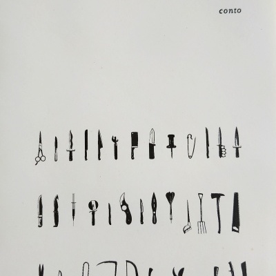 Capa de livro com texto e ilustrações de objetos variados pretos