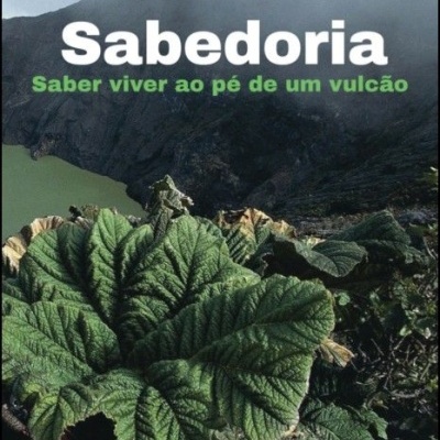 Capa de livro Sabedoria de Michel Onfray com vegetação e vulcão ao fundo