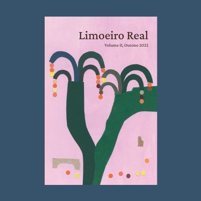 Capa com ilustração abstrata em verde e laranja sobre fundo rosa e texto Limoeiro Real Volume II, Outono 2022
