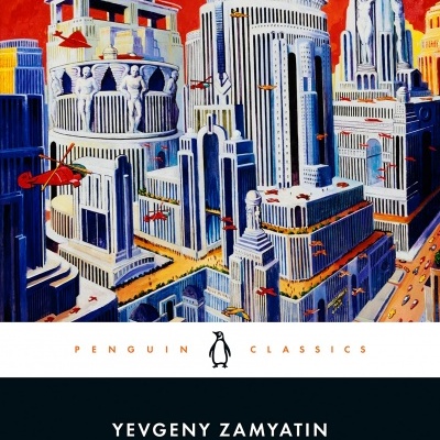 Capa do livro 'We' de Yevgeny Zamyatin com ilustração de cidade futurista em tons laranja e azul