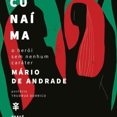 Capa do livro Macunaíma com texto e ilustração abstrata preto, verde e vermelho