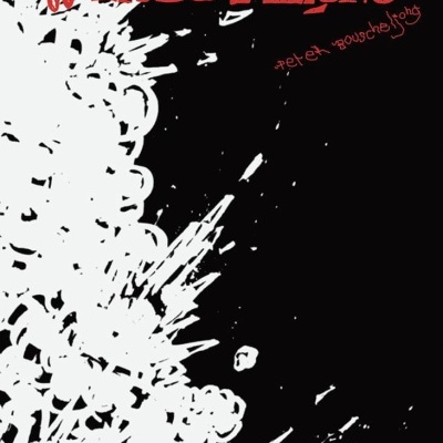 Padrão abstrato branco sobre fundo preto com texto vermelho e pequeno texto vermelho ilegível.