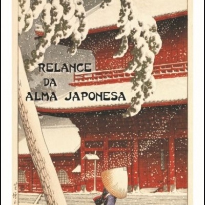 Capa de livro com ilustração japonesa e neve com texto em português