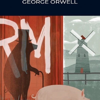 Capa do livro Animal Farm com ilustração de porco, cavalo e moinho de vento