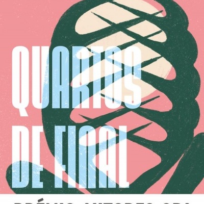Capa de livro com título 'QUARTOS DE FINAL' e nome do autor Cláudia Andrade em fundo rosa e padrão abstrato
