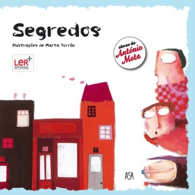 Capa de livro 'Segredos' com ilustrações de edifícios e rostos estilizados em vermelho e texto preto