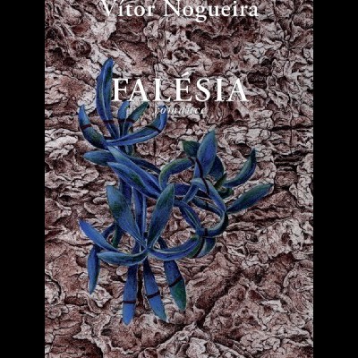 Capa de livro texturizada com título, autor e ilustração de plantas azuis