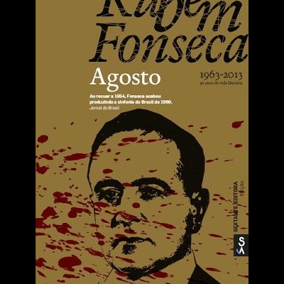 Capa do livro 'Agosto' de Rubem Fonseca com retrato e manchas vermelhas