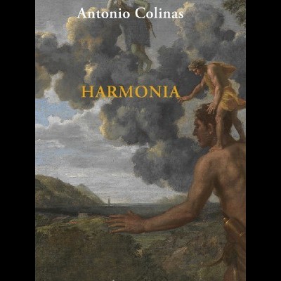 Capa do livro Harmonia com figuras humanas e nuvens em tons cinzentos e azuis.