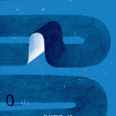 Capa da revista FLANZINE n.18 com formas abstratas azuis e brancas e a palavra Fim