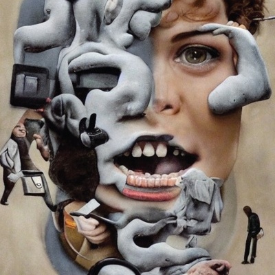 Capa de livro surrealista com rosto humano e formas cinzentas com figuras e objetos