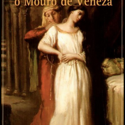 Capa do livro 'A Tragédia de Otelo, o Mouro de Veneza' com ilustração de duas mulheres em ambiente interior