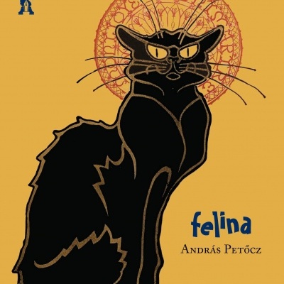 Ilustração de gato preto com olhos amarelos e halo vermelho sobre fundo amarelo com texto 'felina'