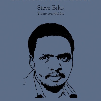 Capa de livro azul com título e desenho de rosto de homem em preto