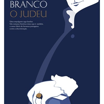 Capa do livro 'O Judeu' de Camilo Castelo Branco, fundo azul escuro, ilustração estilizada de figura masculina segurando livro