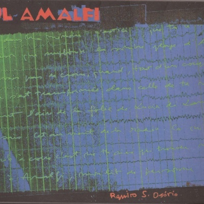 Capa de livro azul e verde com texto vermelho e amarelo e assinatura