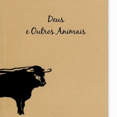Capa de livro bege com ilustração preta de um touro e texto preto