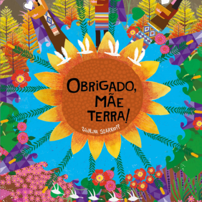 Ilustração colorida com girassol e texto obrigado Mãe Terra