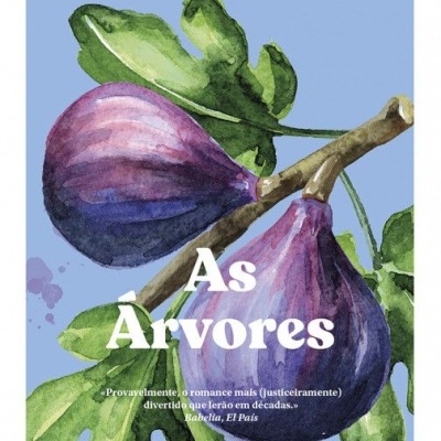 Capa do livro 'As Árvores' com ilustração de figos e folhas verdes em fundo azul