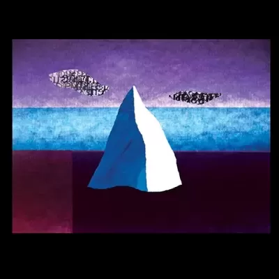 Pintura abstrata com forma triangular azul e branca e fundo roxo e azul.