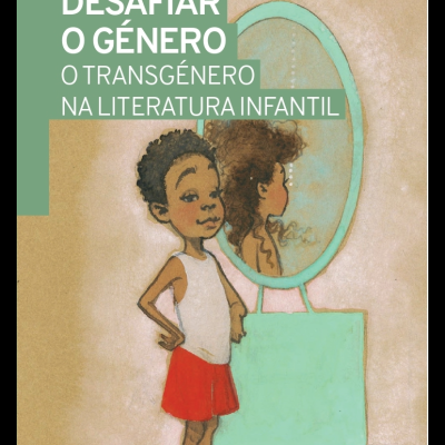 Capa de livro com ilustração de criança em frente a espelho oval e texto sobre género e literatura infantil