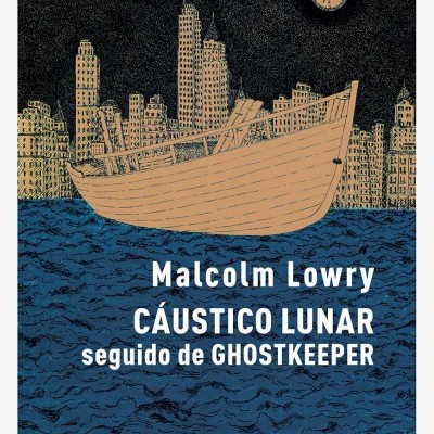 Capa de livro com barco num lago à noite e cidade ao fundo, texto do título e autor