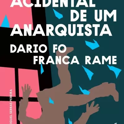 Capa de livro com texto MORTE ACIDENTAL DE UM ANARQUISTA e design de uma figura humana abstrata a cair.