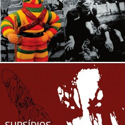 Composição de imagens coloridas e a preto e branco com texto em português sobre fundo vermelho.