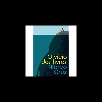 Capa do livro 'o vício dos livros' com texto amarelo e azul e figura humana.