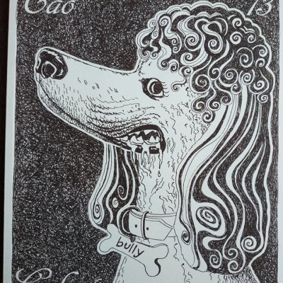 Desenho preto e branco de um cão com colar bone tag 'bully' e textos 'Cão 13 Celeste'