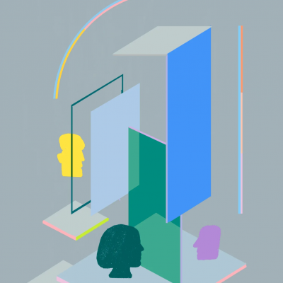 Capa de livro com formas geométricas e silhuetas de cabeças coloridas em fundo cinzento