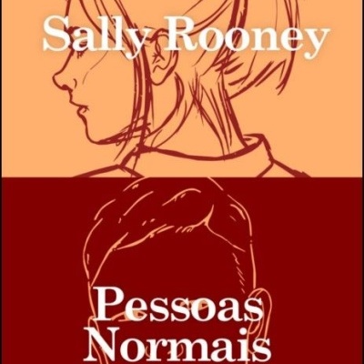 Capa do livro Pessoas Normais de Sally Rooney com duas ilustrações femininas e masculinas em estilos simples e fundo laranja e vermelho.