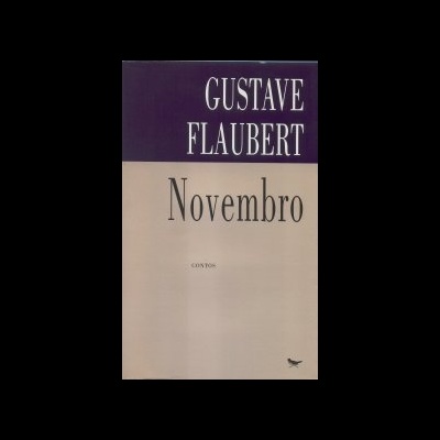 Capa de livro de 'Novembro' de Gustave Flaubert com fundo roxo escuro e bege claro