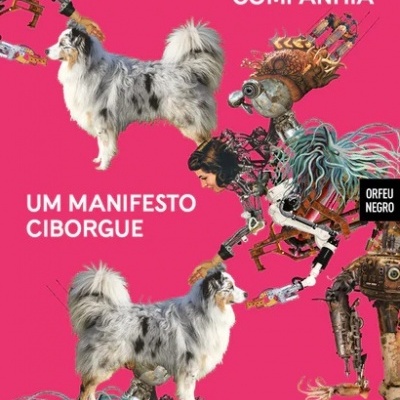 Capa de livro rosa com cães e ciborgues e texto promocional.