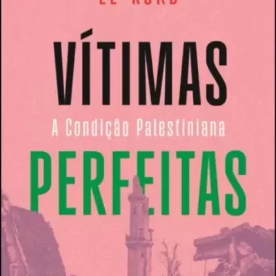 Capa de livro com texto grande em verde, preto e vermelho sobre fundo rosa com imagem de ruínas