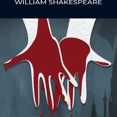Capa do livro Macbeth com mãos estilizadas e texto na parte inferior