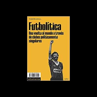 Capa de livro amarelo com título Futbóltica e jogador de futebol preto e branco