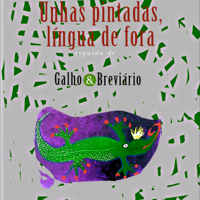 Capa de livro com título em vermelho e preto, fundo cinza com manchas verdes e ilustração de lagarto verde com coroa amarela