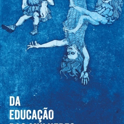 Capa de livro azul com ilustração de três mulheres invertidas e texto branco