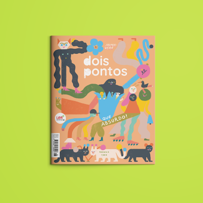 Revista 'dois pontos' com ilustração colorida abstrata e texto 'QUE ABSURDO!'