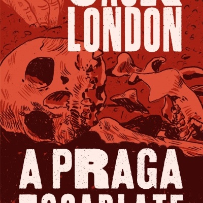 Capa de livro vermelha com esqueletos e mãos, título em branco