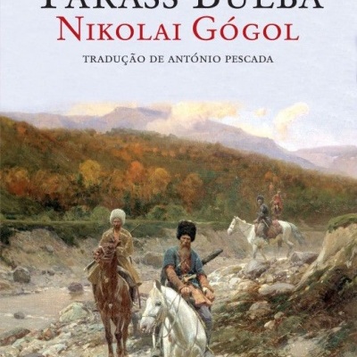 Capa do livro Tarass Bulba de Nikolai Gógol com pintura de cavaleiros a cavalgar numa ribeira