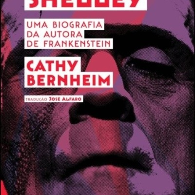 Capa de livro Mary Shelley com rosto estilizado e texto em vermelho e branco