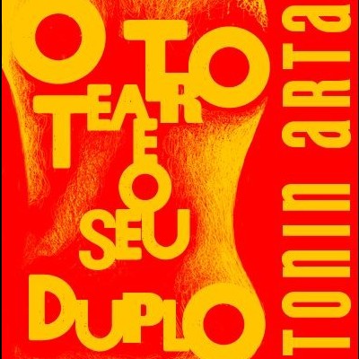 Cartaz vermelho e amarelo com texto e ilustração abstrata para teatro