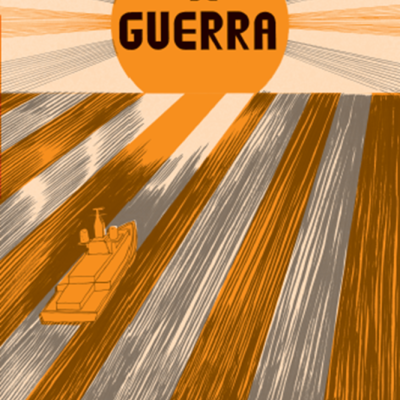 Capa do livro Aldeamentos de Guerra com ilustração de navio e sol laranja