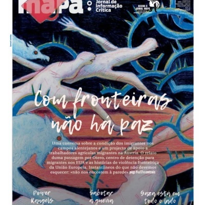 Capa do jornal 'Mapa Jornal de Informação Crítica' com título 'Com fronteiras não há paz' e ilustração de mãos e arame farpado