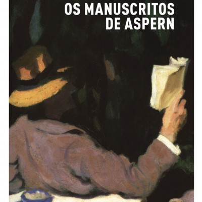 Capa do livro 'Os Manuscritos de Aspern' de Henry James com ilustração de uma pessoa a ler sentado